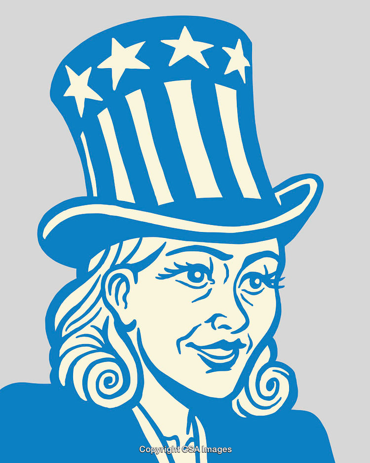 Patriotic Illustration of Woman Wearing American Flag Hat with Stars and Stripes