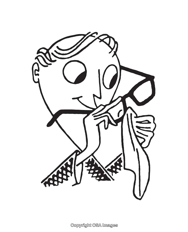 Minimalist Black and White Line Art of a Person Cleaning Glasses