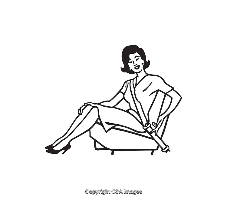 Vintage Black and White Illustration of Woman Fastening Seatbelt in Car