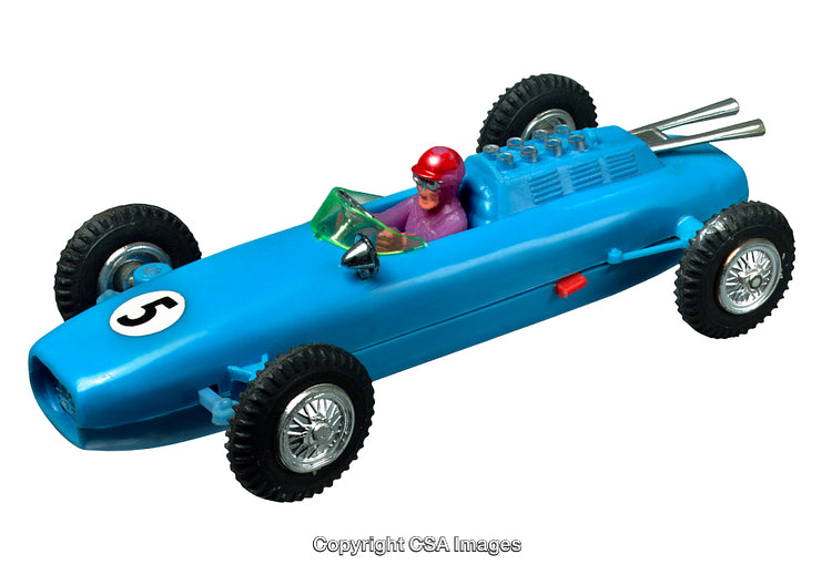 Blue Plastic Racecar Toy With Driver on White Background