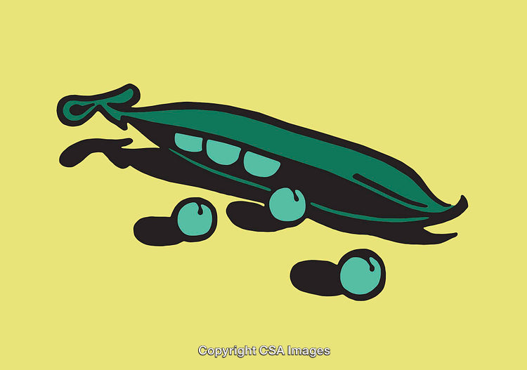 Colorful Illustration of Green Peas in a Pod Against Yellow Background