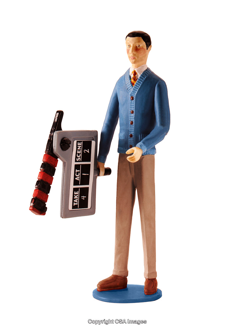 Miniature Plastic Figure Holding Film Clapper in Blue and Tan Attire