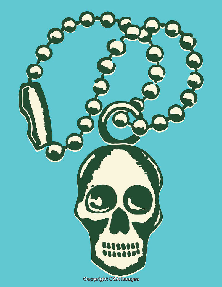 Stylized Skull Necklace Illustration on a Vibrant Teal Background