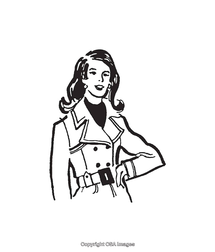 Vintage Line Art Illustration of a Woman in a Stylish Coat
