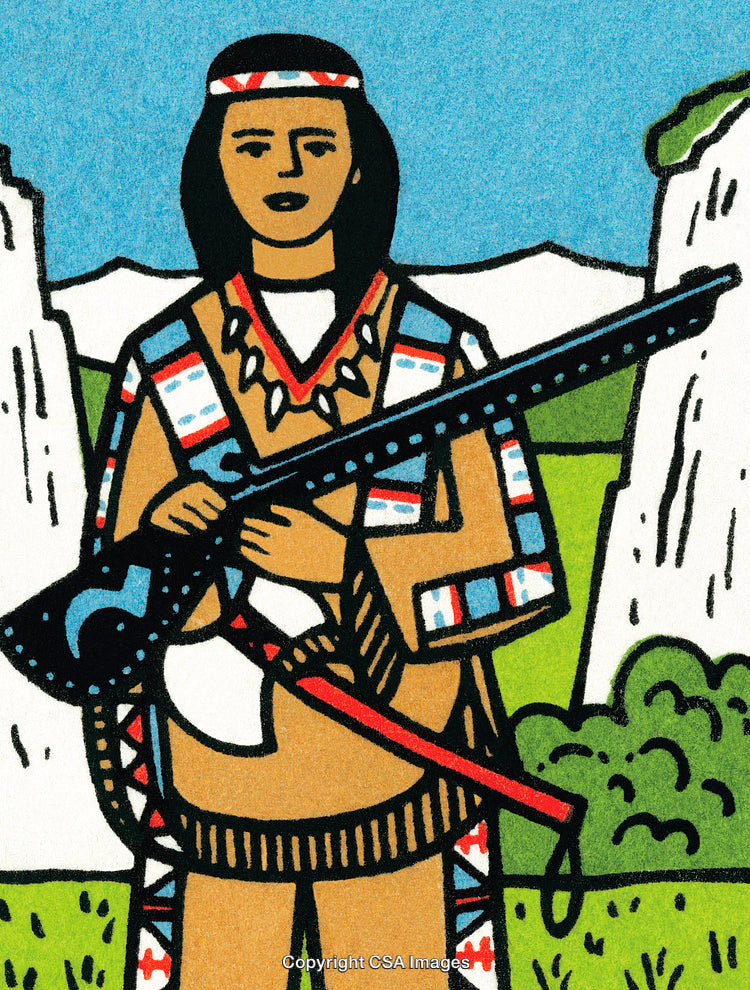 Illustration of Native American Person with Traditional Clothing and Landscape