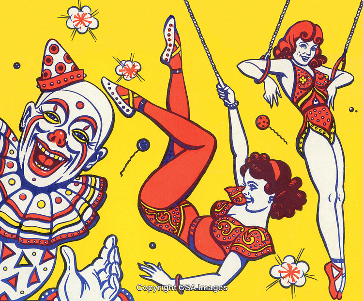 Colorful Illustration of Circus Scene with Clown and Acrobat Performers on Swings
