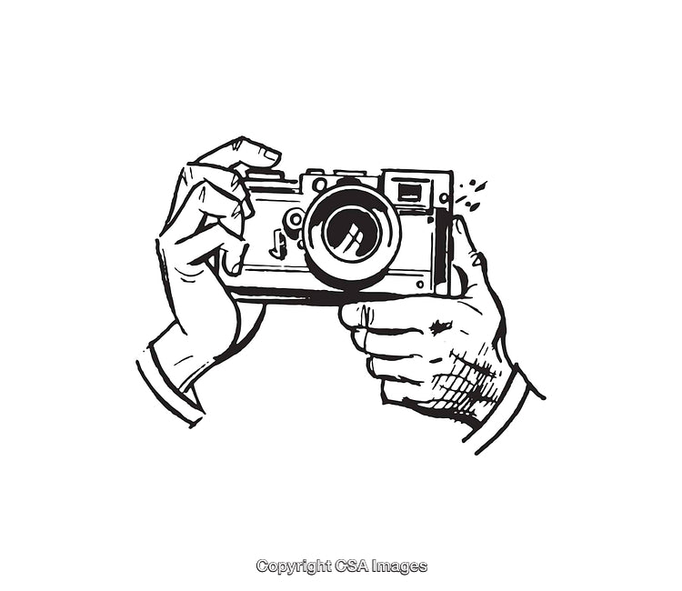 Black and White Line Art Illustration of Hands Holding a Vintage Camera