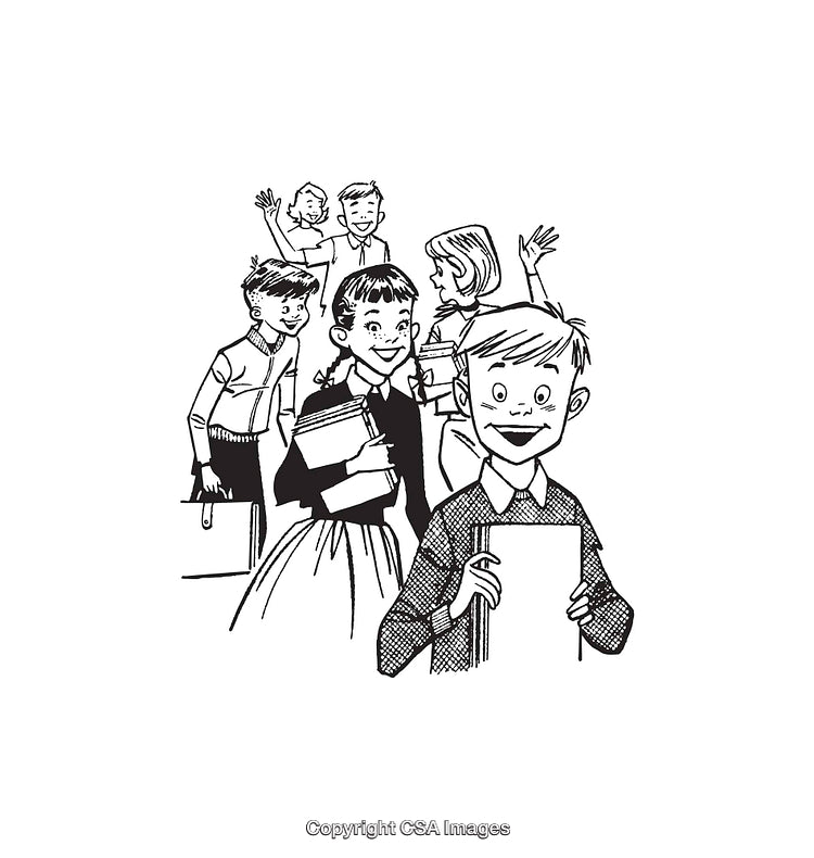 Group of Smiling Schoolchildren Illustrated in Black and White Line Art
