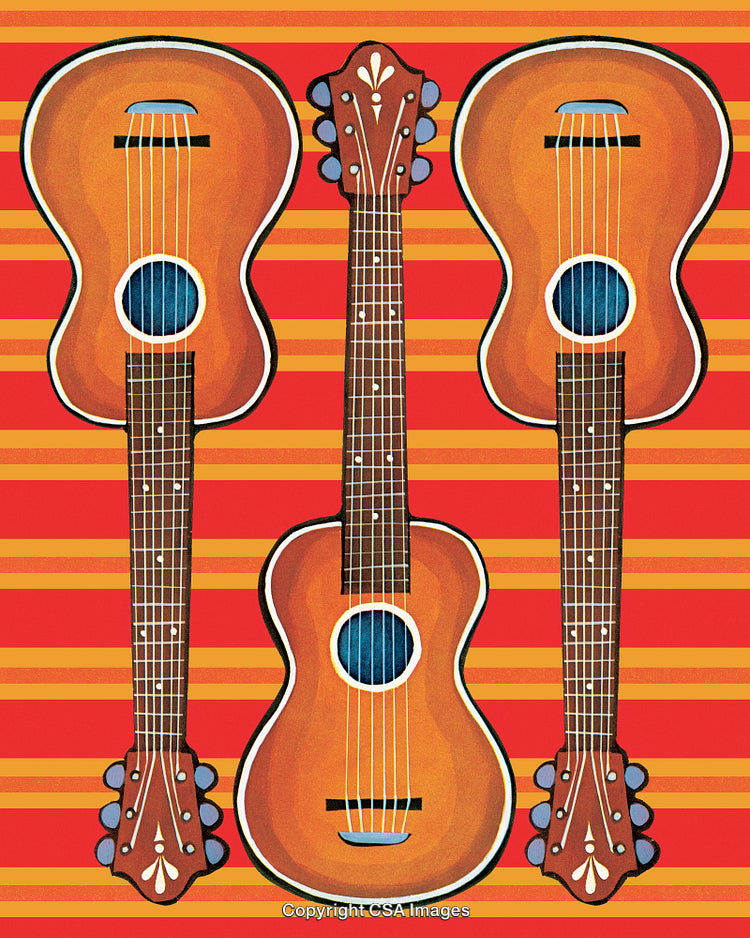 Colorful Illustration of Three Guitars on Vibrant Striped Background
