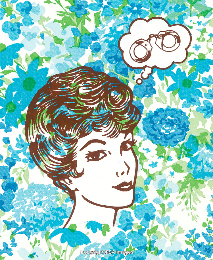 Retro Woman Amidst Floral Background Contemplating Handcuffs in Pop Art Style