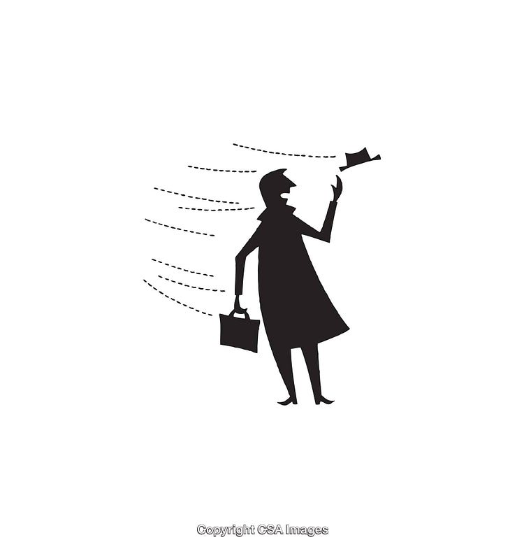 Stylized Illustration of a Person Battling Wind in Black and White