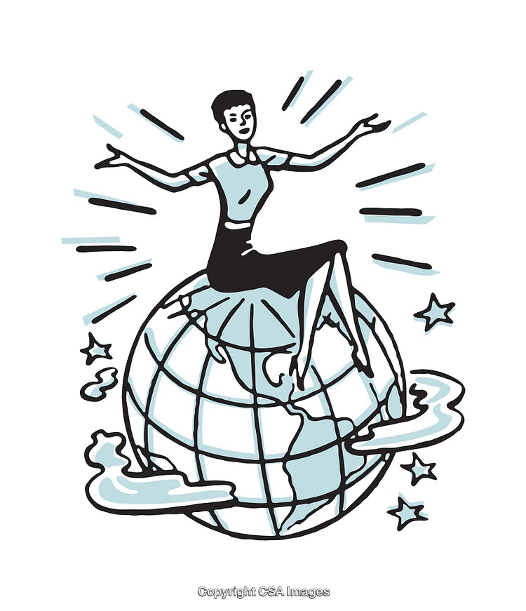 Illustrated Woman Sitting on Globe Surrounded by Stars and Clouds