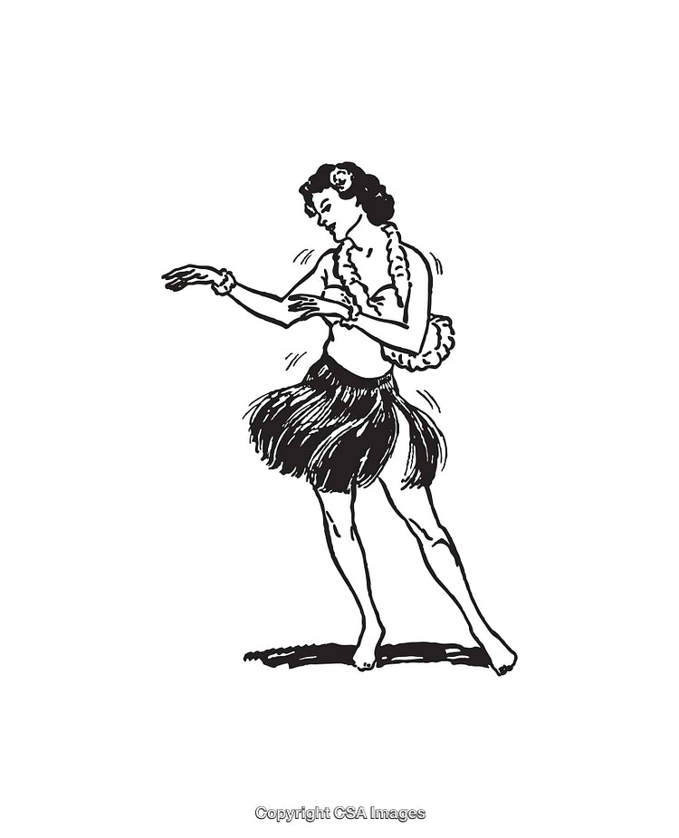 Black And White Illustration of a Hula Dancer Performing a Traditional Dance