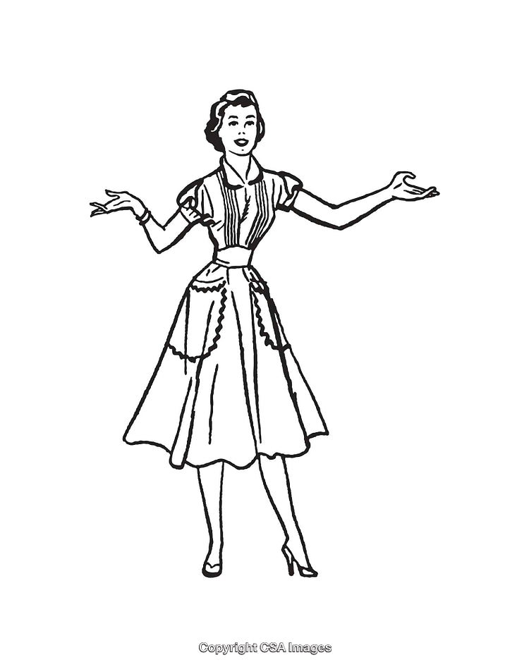 Black and White Line Art of a Woman in a Vintage Dress