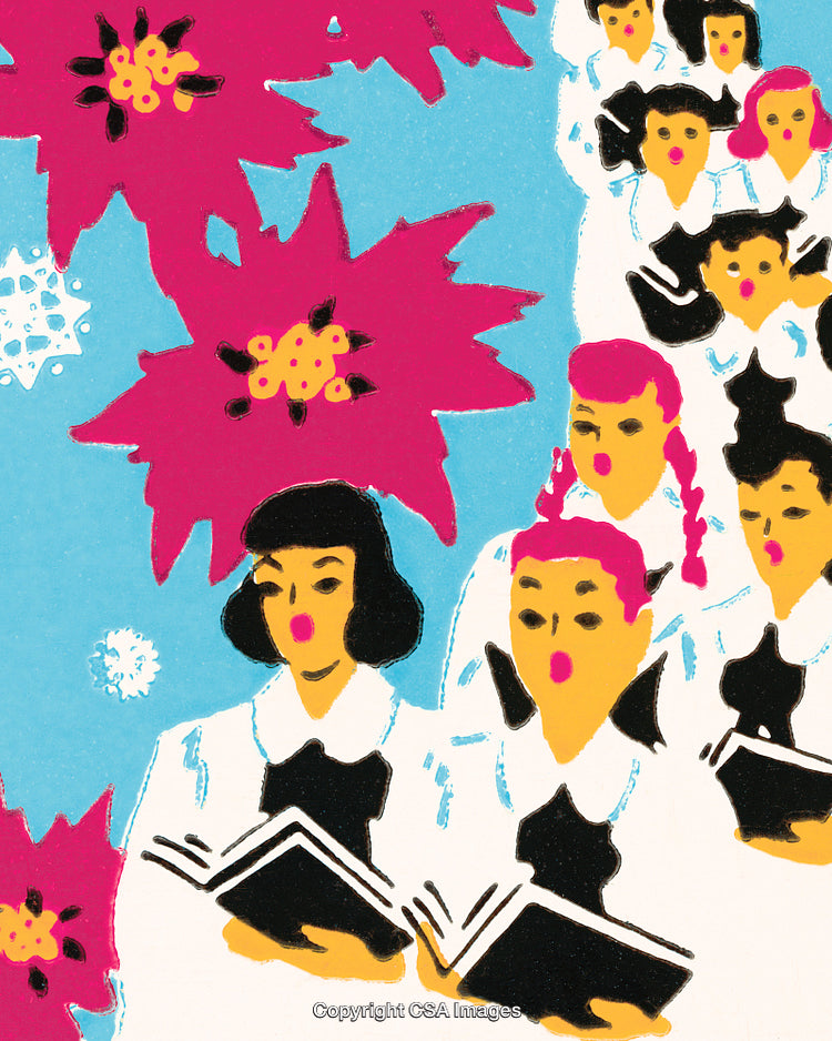 Illustration of Carol Singers With Festive Poinsettias and Winter Scenery