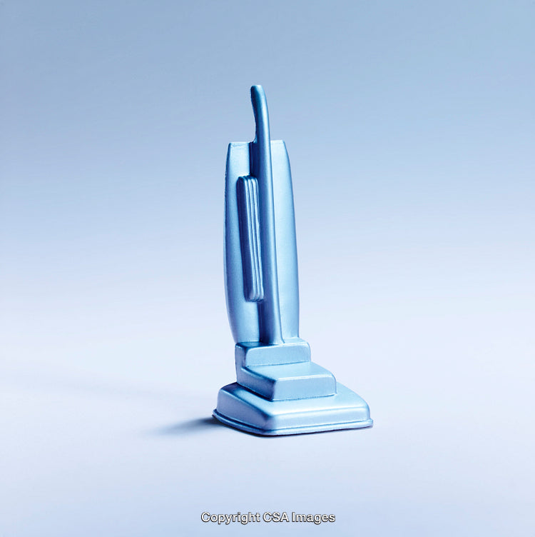Blue Upright Vacuum Cleaner Miniature Plastic Toy Against Gradient Background