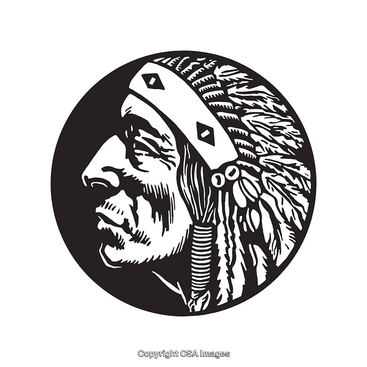 Black and White Illustration of a Traditional Headdress Profile