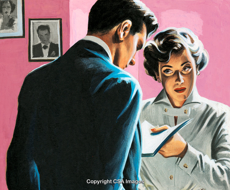 Man and Woman Interacting With a Book in Retro Style Art Illustration