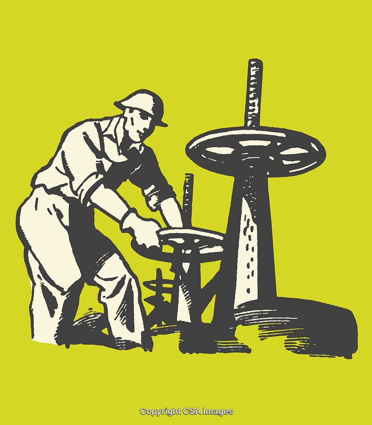 Retro Illustration of a Worker Operating Industrial Equipment on Green Background