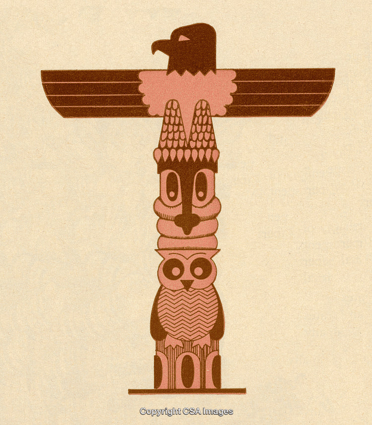 Stylized Artwork of a Totem Pole Featuring Cultural Symbols and Animal Designs