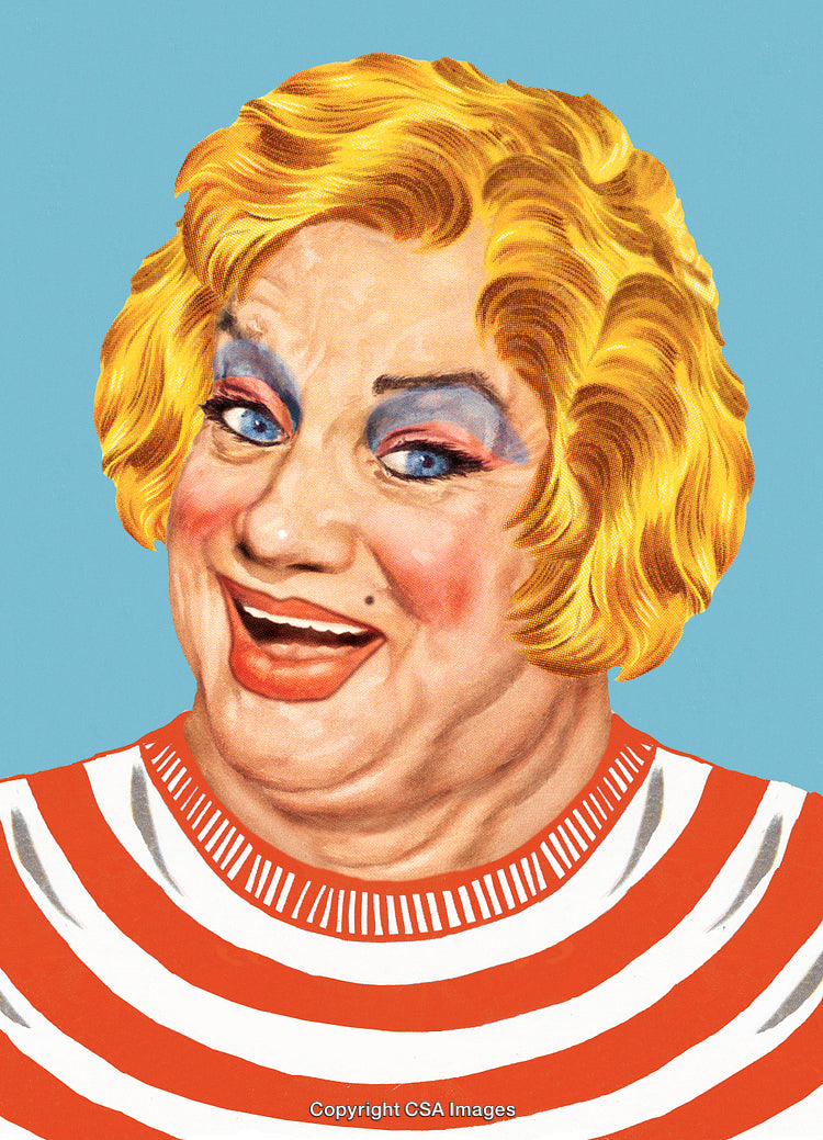 Retro Styled Laughing Woman in Red and White Striped Outfit
