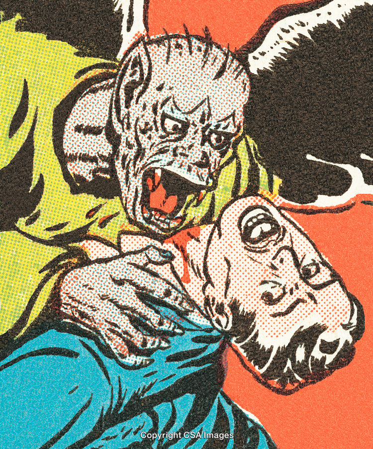 Vintage Comic Style Vampire Attack Scene in Vibrant Halftone Colors