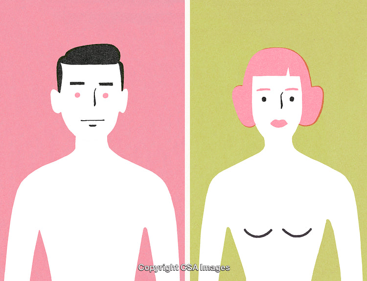 Abstract Illustration of Male and Female Figures with Complementary Pink and Green Backgrounds