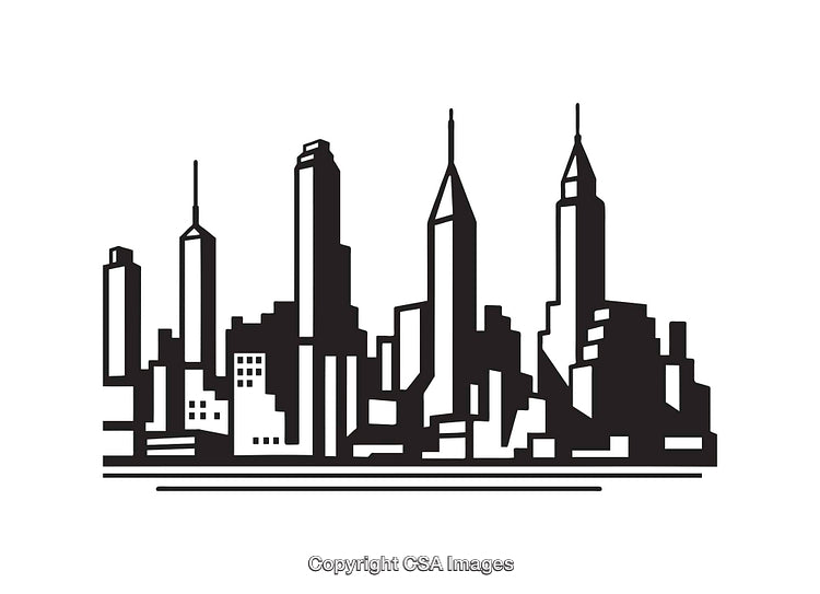 Black and White City Skyline in Modern Line Art Illustration