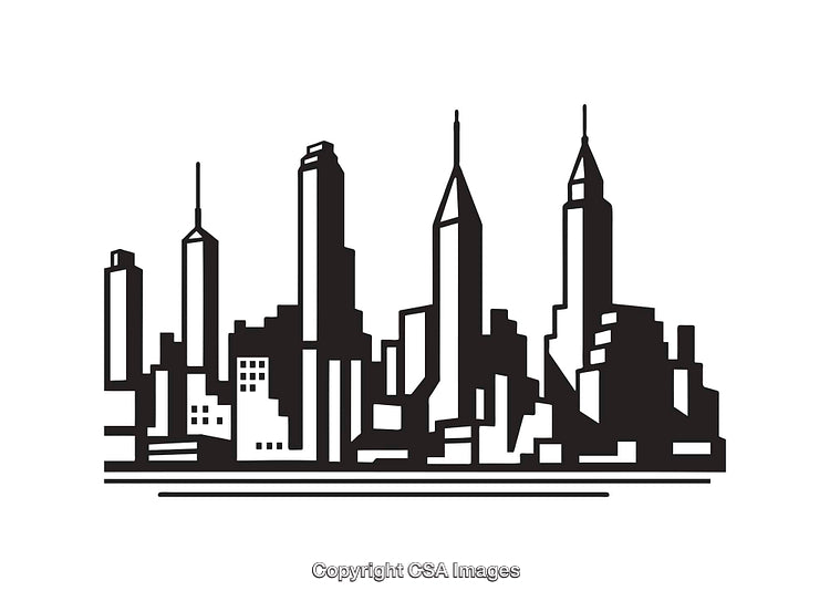 Black and White City Skyline in Modern Line Art Illustration