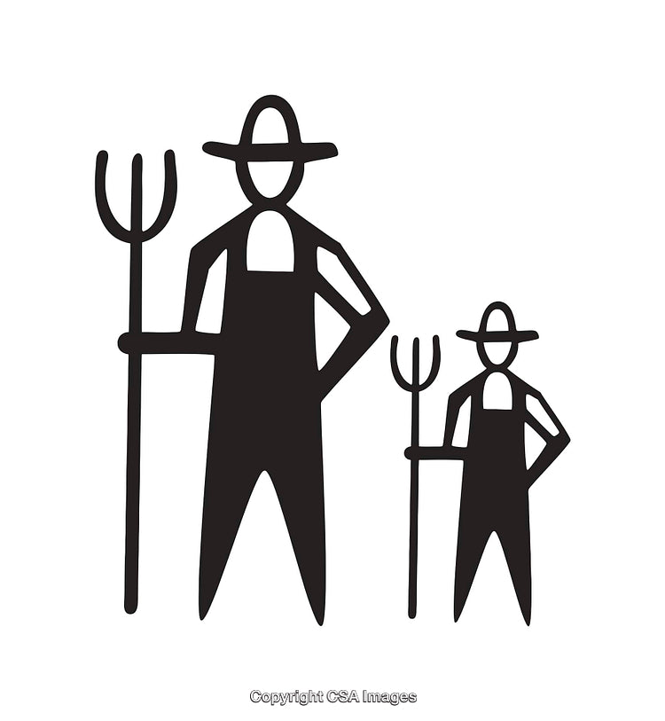 Icon of Two Farmers Holding Pitchforks in Black-and-White Silhouette