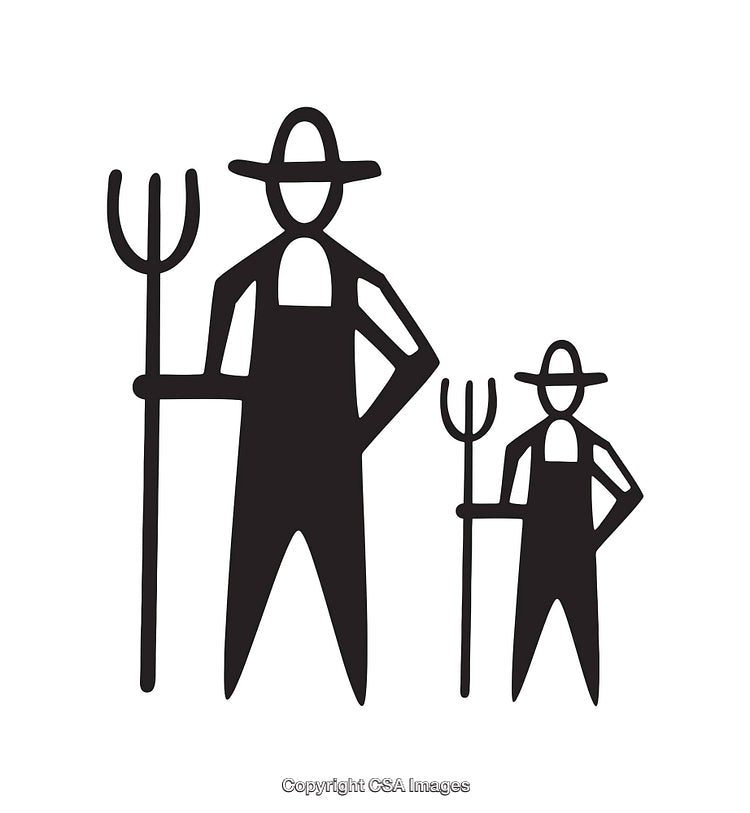 Icon of Two Farmers Holding Pitchforks in Black-and-White Silhouette