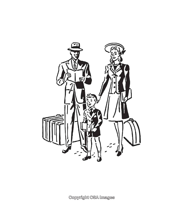 Vintage Family Travel Illustration in Black and White Line Art Sketch