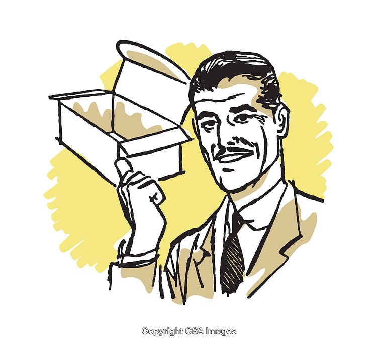 Vintage Illustration of a Man Holding an Opened Box in Bold Colors