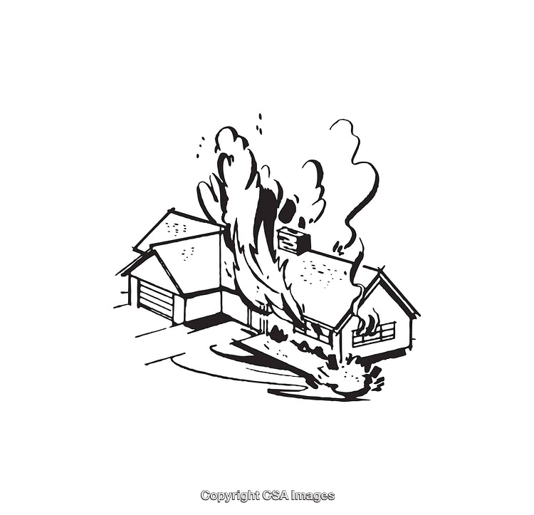 Black and White Line Art Illustration of a House on Fire