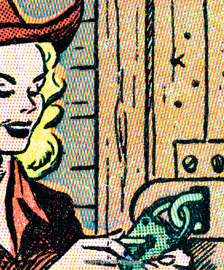 Retro Comic Book Style Illustration of a Woman by a Wooden Door