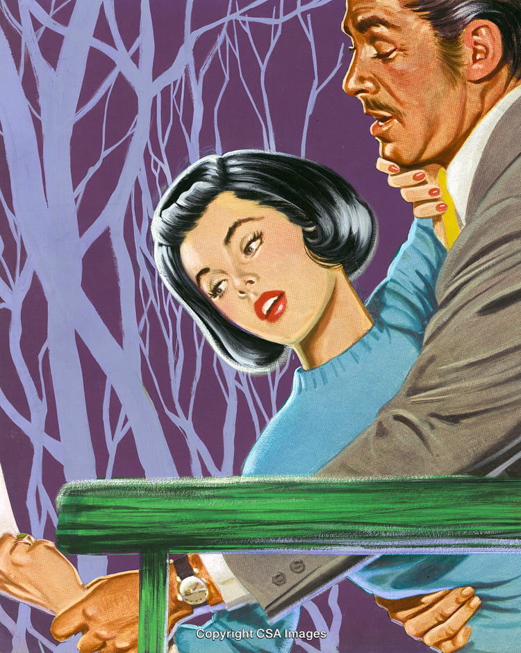 Illustration of Dramatic Couple in Forest with Retro Aesthetic