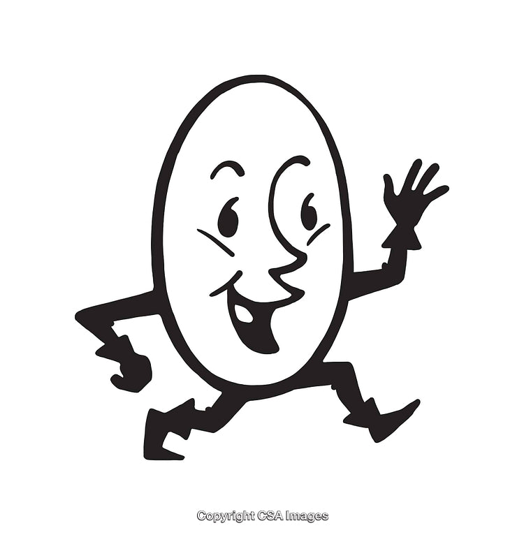 Cheerful Cartoon Oval Character Waving in Black and White Line Art