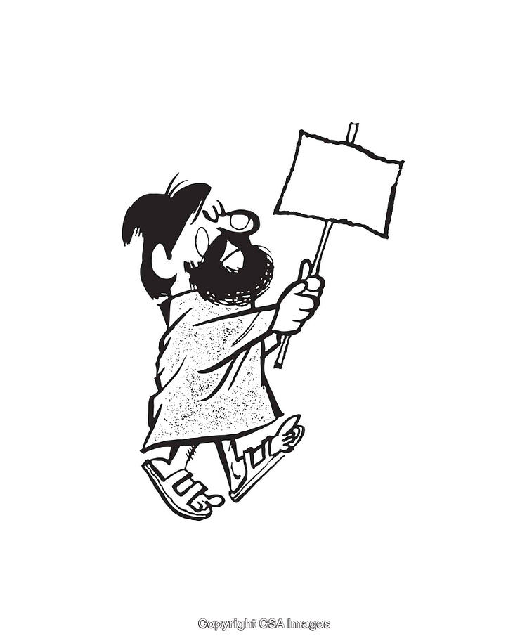 Black And White Line Art Cartoon of a Character Holding a Blank Sign