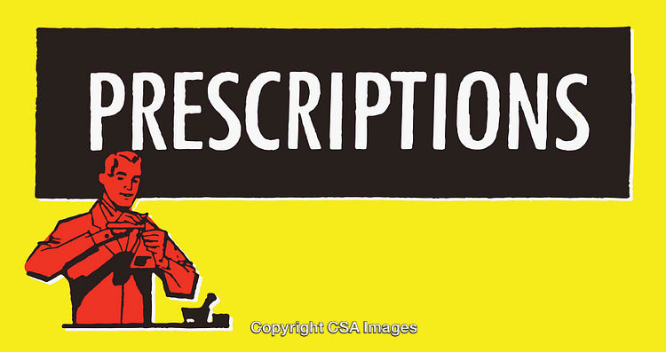 Retro Artwork Illustrating Pharmacy Prescriptions with Bold Typography