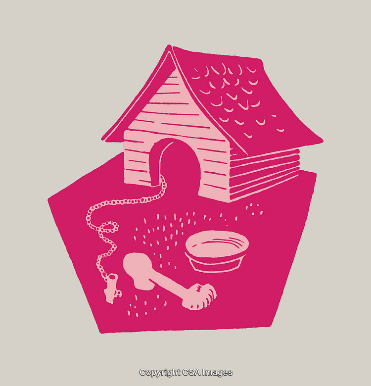 Illustration of a Doghouse With Chain, Bone, and Bowl