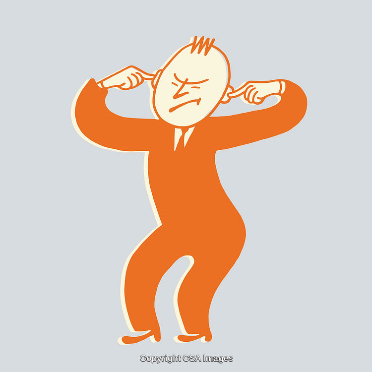 Frustrated Cartoon Figure Covering Ears in Orange Suit on Light Background