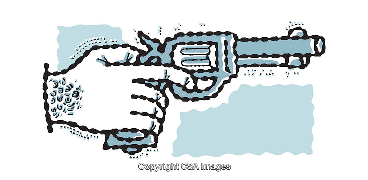 Stylized Illustration of a Retro Revolver Held in Hand with Cool Tones
