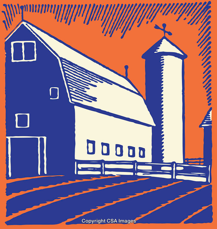 Illustrative Representation of a Barn in Blue and Orange Color Style