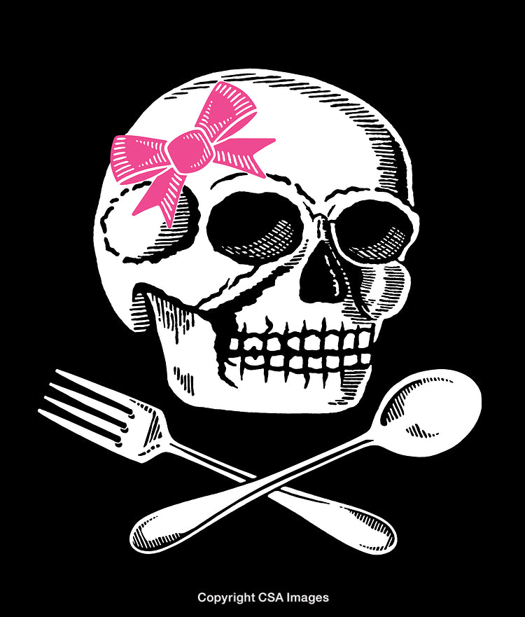 Illustration of Skull with Pink Bow and Crossed Utensils on Black Background