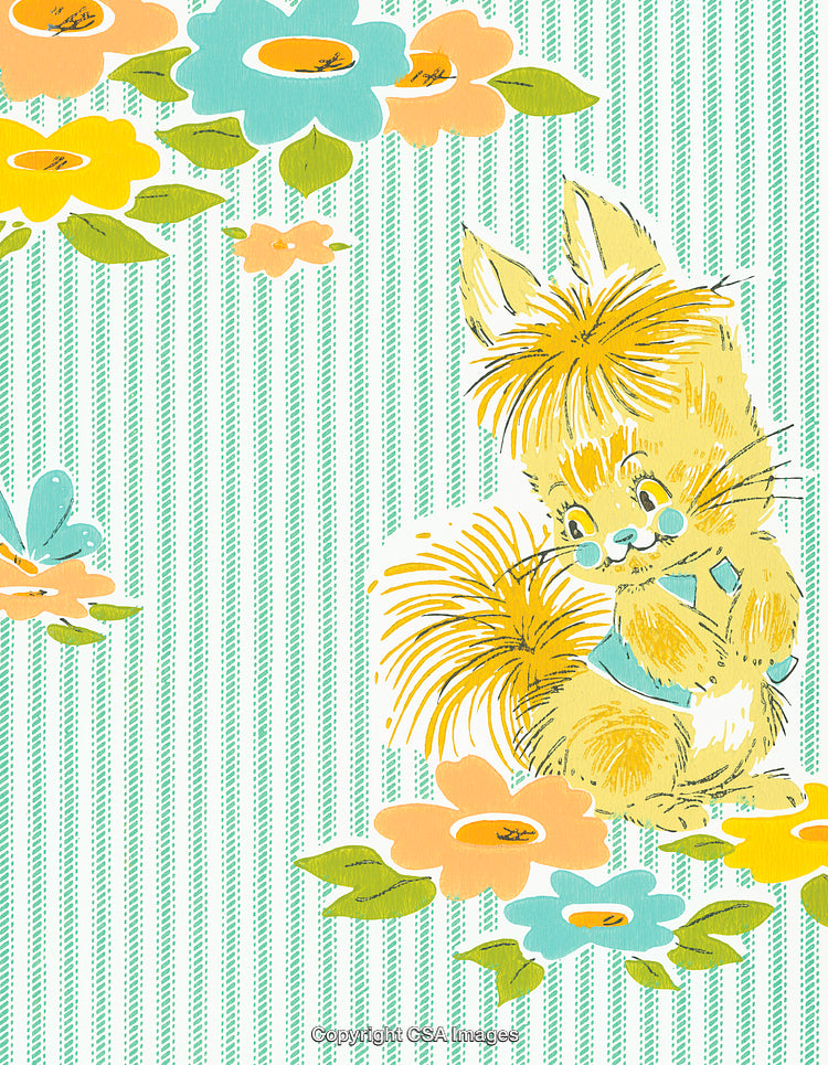 Adorable Cartoon Bunny With Flowers on a Pastel Striped Background