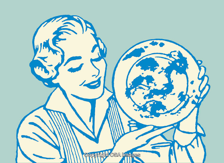 Retro-Styled Woman With Plate in Vintage Blue Illustrative Design