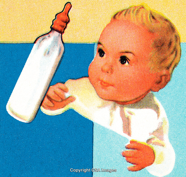 Retro Illustration of a Baby Reaching for a Milk Bottle