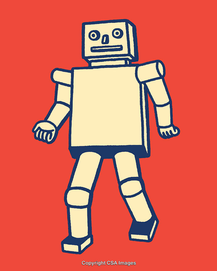 Retro Robot Illustration on Bold Red Background in a Minimalistic Art Style