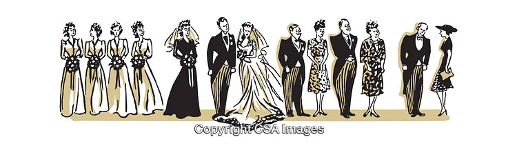 Vintage Wedding Illustration Featuring Bride, Groom, Bridesmaids, and Attendees