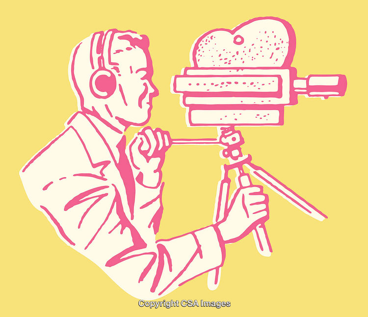 Retro Line Art of a Cameraman Operating Film Equipment
